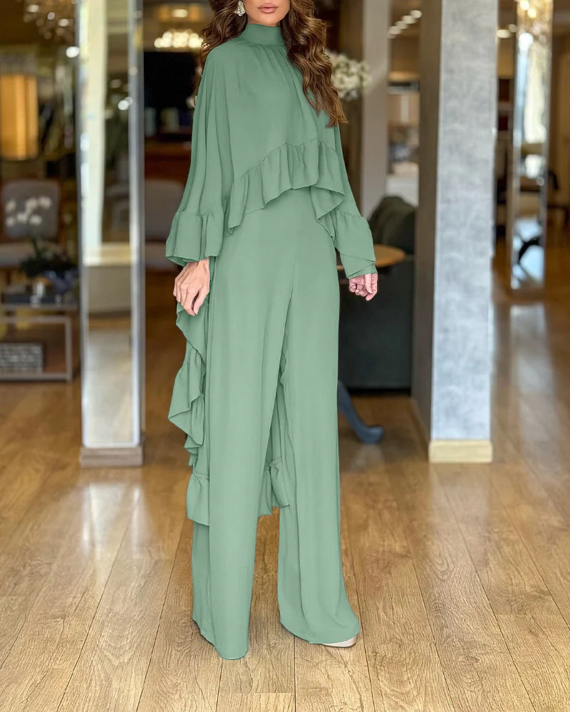Damen Eleganter Overall mit Cape-Volant und weitem Palazzohosenbein EB
