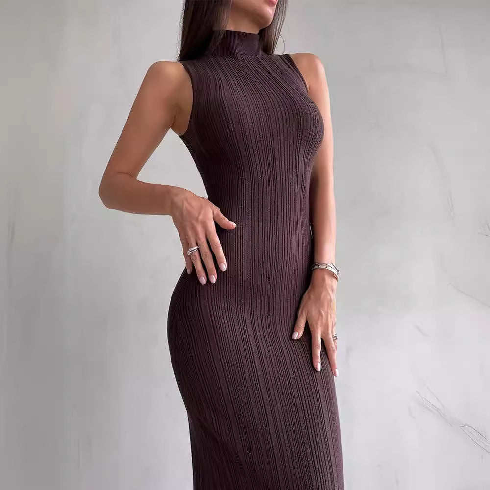 Damen Körperbetontes Strickkleid mit hohem Kragen und eleganten Rippdetails EB