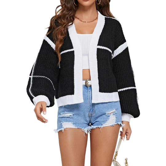 Damen Cropped Offene Strickjacke mit Boxy‑Silhouette und Ballonärmeln EB