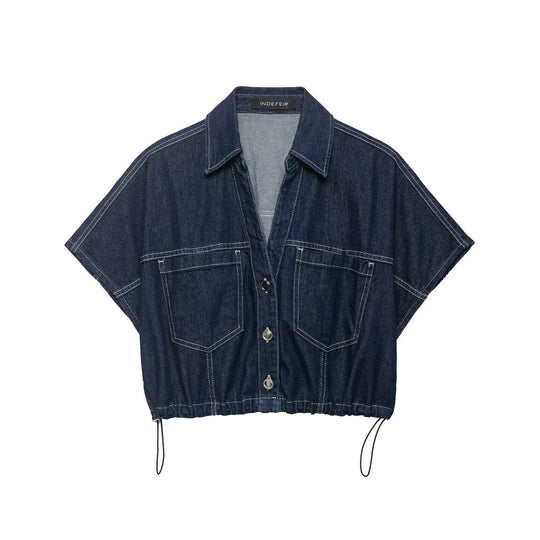 Damen Oversize Denim-Bluse mit praktischen Taschen und elastischem Saum EB