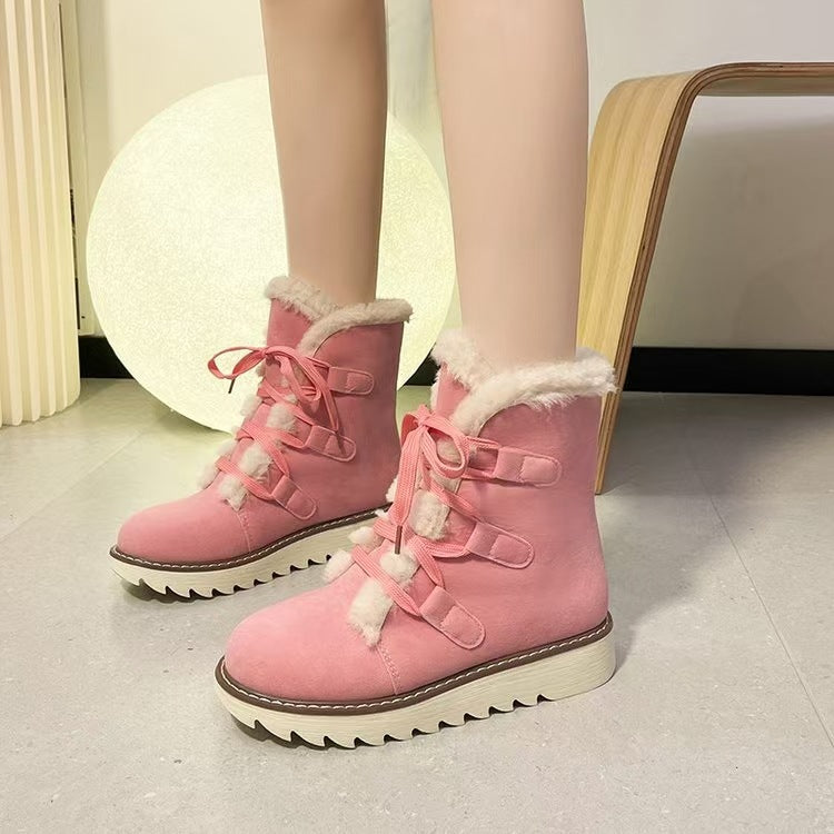 Damen  gefütterte Schnürstiefelette mit Kunstfellkragen, elastischen Schlaufendetails und gezahnter Profilsohle EB