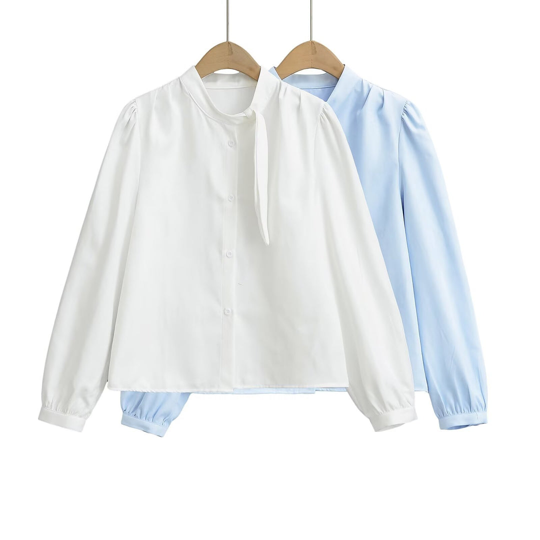 Damen Bluse mit Bindegurt und eleganten Puffärmeln EB