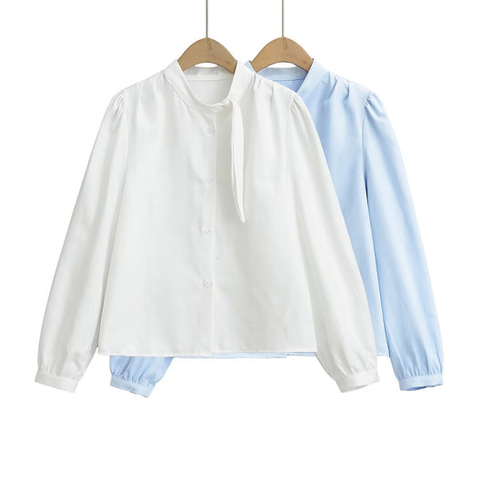 Damen Bluse mit Bindegurt und eleganten Puffärmeln EB