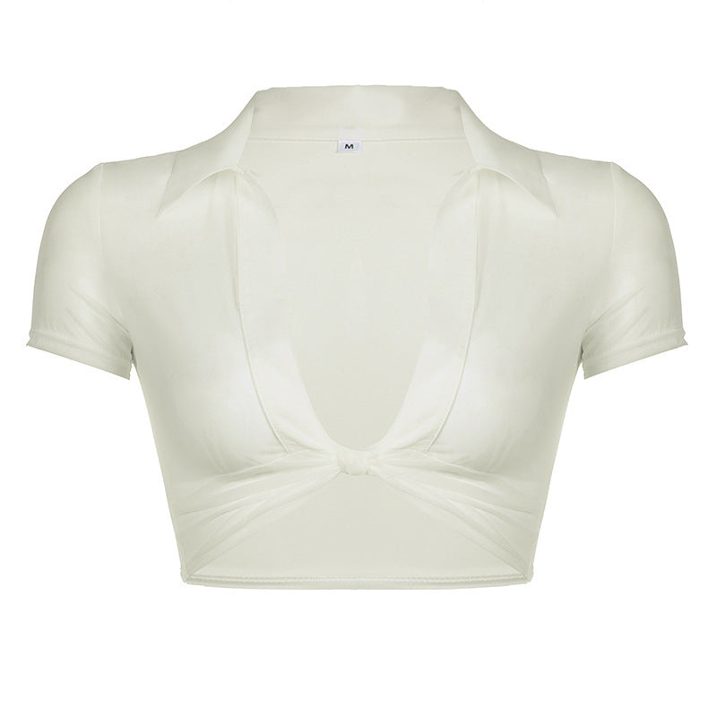 Damen Moderne cropped Bluse mit tiefem V-Ausschnitt und verspieltem Knoten EB