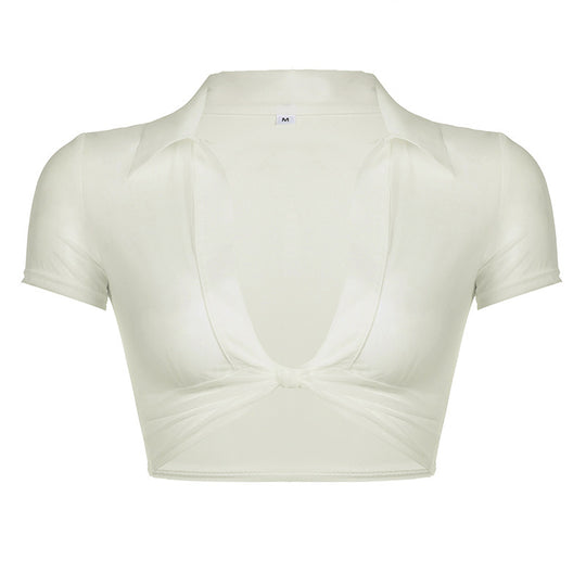 Damen Moderne cropped Bluse mit tiefem V-Ausschnitt und verspieltem Knoten EB