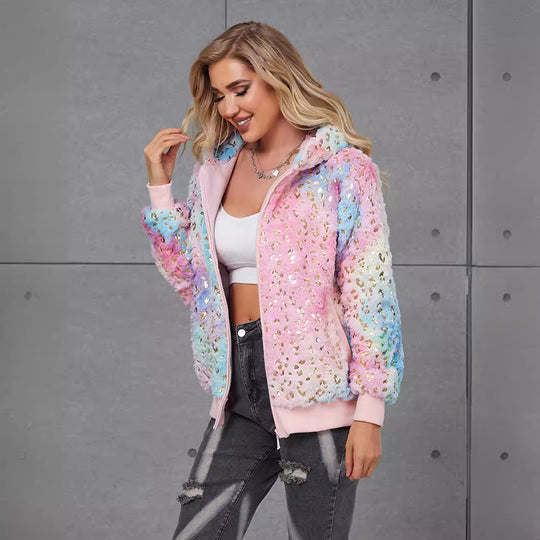 Damen Flauschige Kapuzenjacke mit glitzernden Akzenten EB