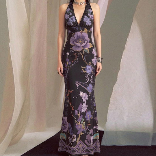 Damen Elegantes Maxikleid mit floralem Design und tiefem V-Ausschnitt EB
