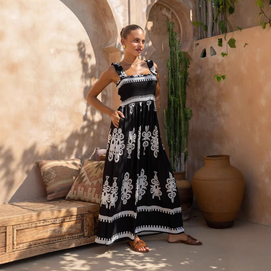 Damen Maxikleid mit elastischem Oberteil und detailliertem Muster EB