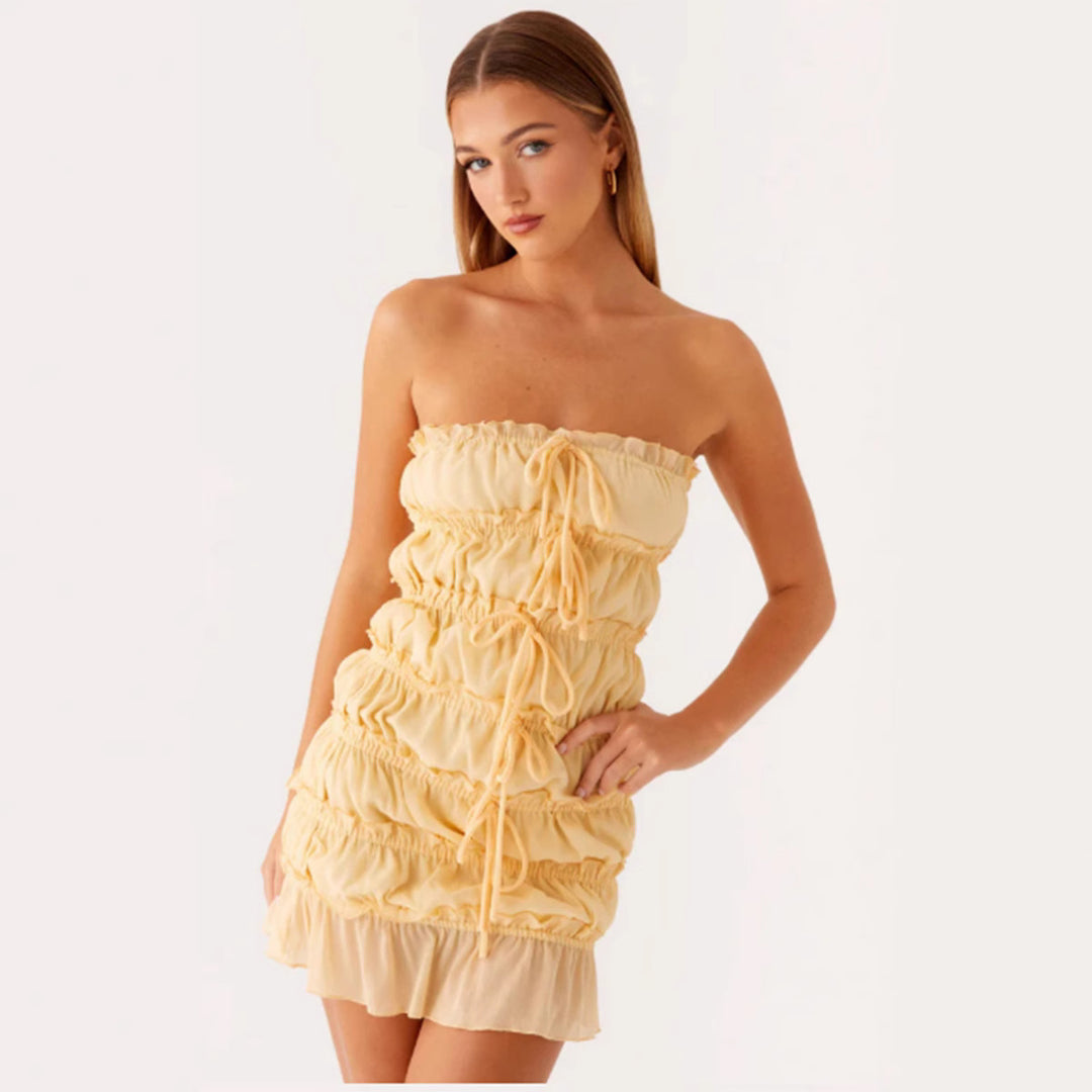 Damen Kurzkleid mit raffinierten Rüschen und verstellbarem Kordelzug EB