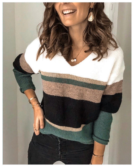 Damen V-Ausschnitt Pullover mit Streifenmuster EB