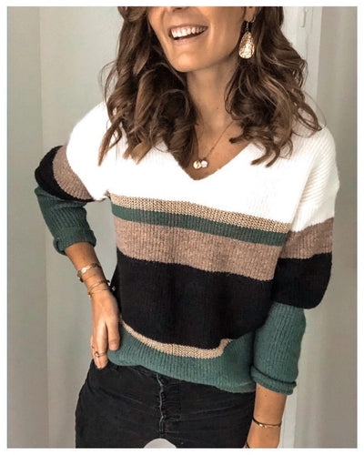 Damen V-Ausschnitt Pullover mit Streifenmuster EB