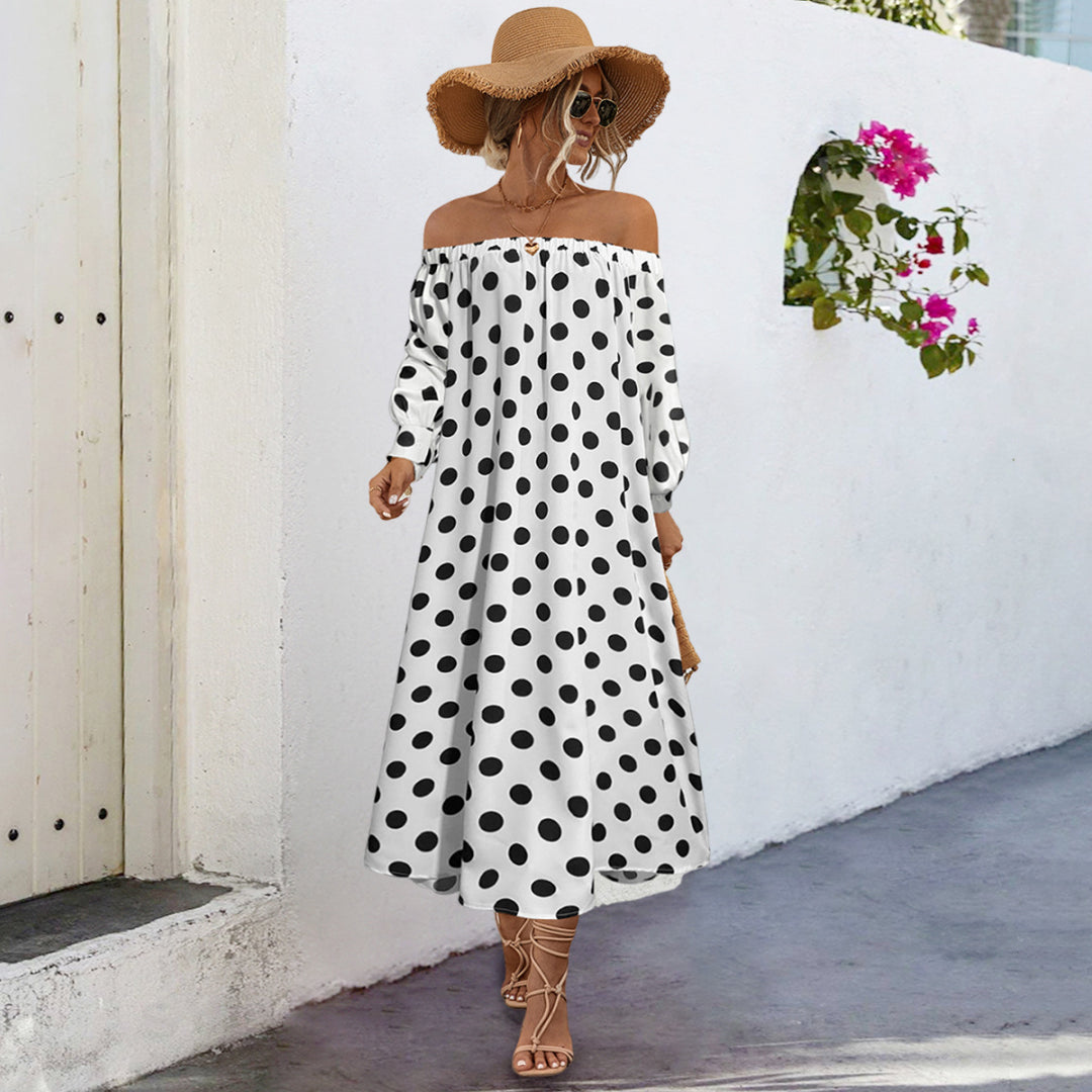 Damen Off-Shoulder Maxikleid mit Polka-Dots und elastischem Bund EB