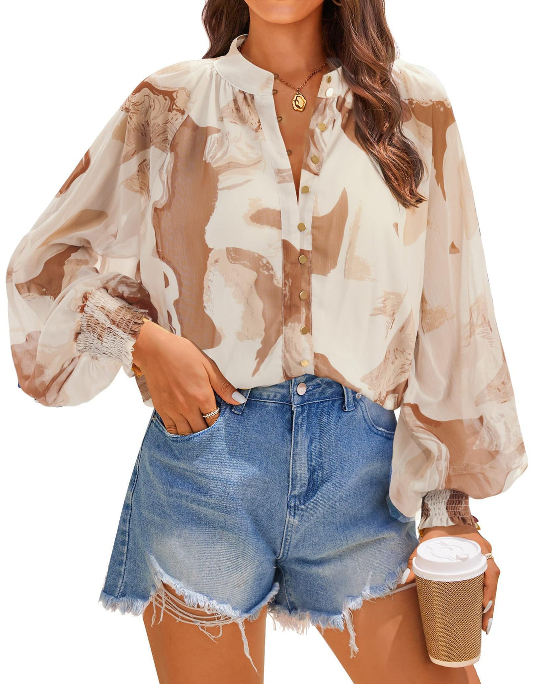 Damen Bluse mit kunstvollem Druck und geschöpften Ärmeln EB