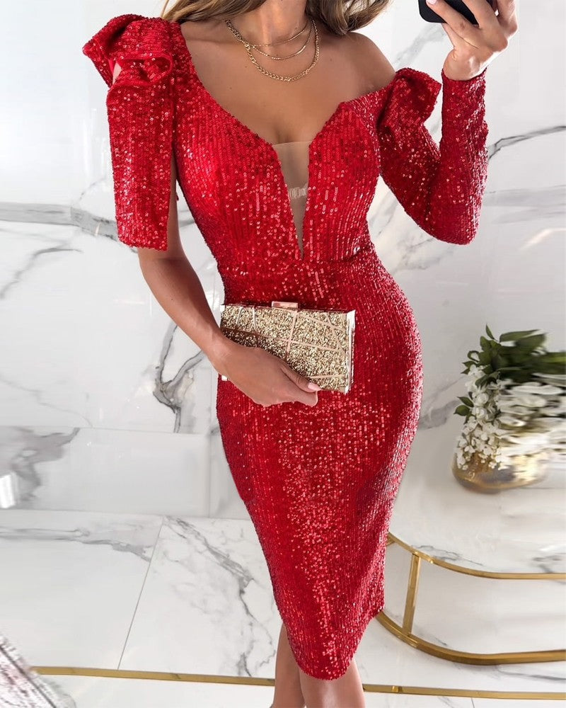 Damen figurbetontes Pailletten-Cocktailkleid mit schulterfreien Ärmeln und tiefem V-Ausschnitt EB