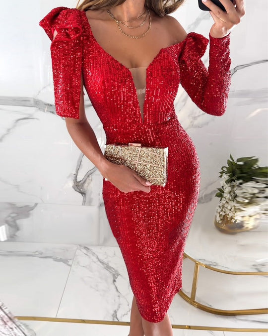 Damen figurbetontes Pailletten-Cocktailkleid mit schulterfreien Ärmeln und tiefem V-Ausschnitt EB