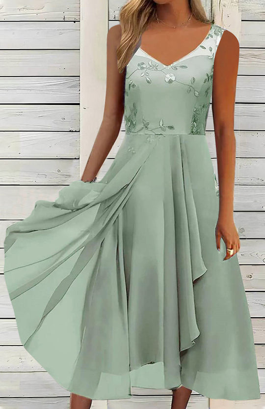 Damen nan A-Linien-Chiffonkleid mit floralem Stickoberteil, V-Ausschnitt, drapiertem Godet-Schwung und verdeckten Seitentaschen EB