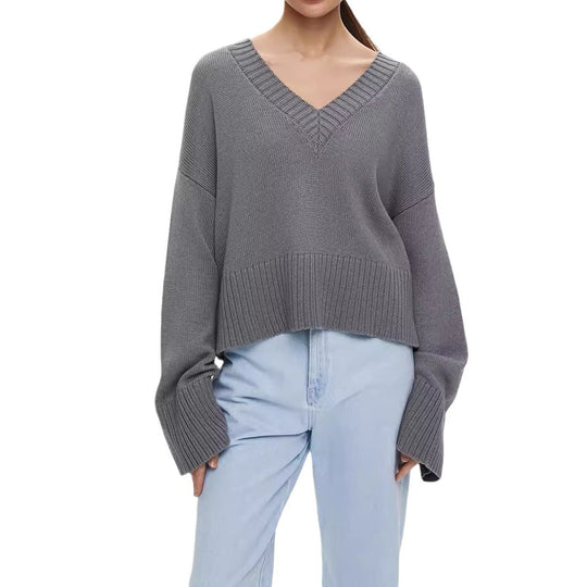 Damen Strickpullover mit tiefem V-Ausschnitt und lässigem Schnitt EB