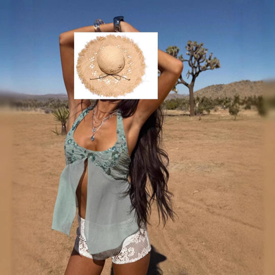 Damen Luftig-fließendes Strandtop mit Rüschendetails und transparenter Blende EB