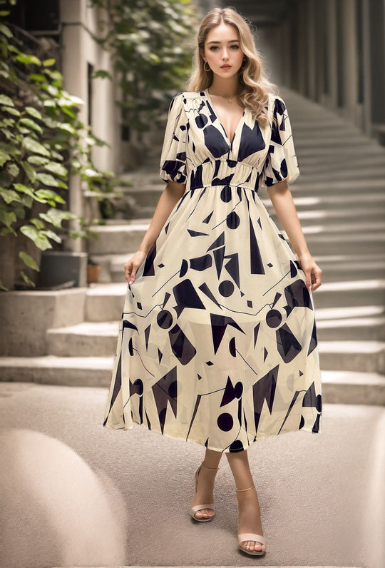Damen Maxikleid mit voluminösen Puffärmeln und fließendem Rock Heidi-Mode