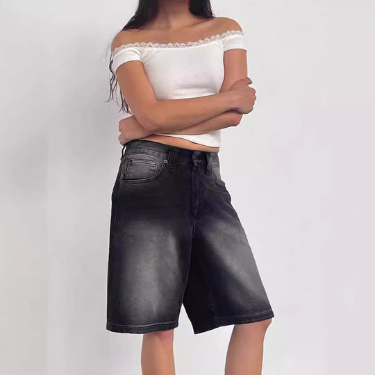 Damen lässige Denim-Shorts mit weitem Schnitt und hohen Seitentaschen EB