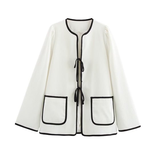Damen gemütliche und stilvolle Jacke mit praktischen Taschen und Bindegürtel EB