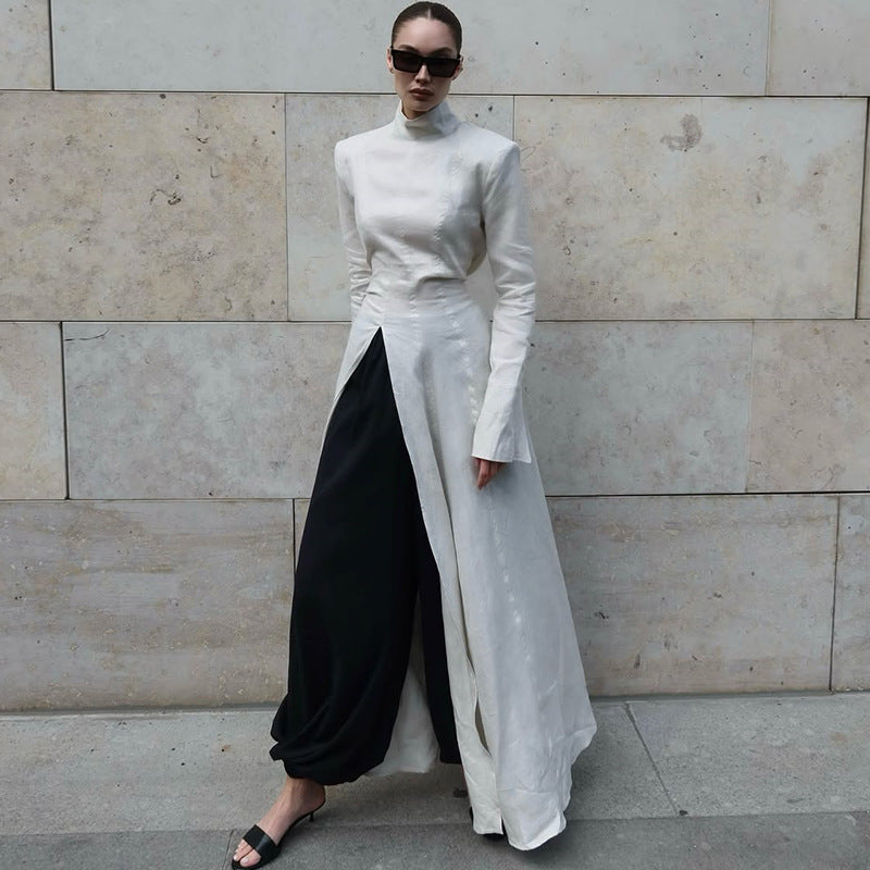 Damen elegantes Maxikleid mit hochgeschlossenem Kragen und asymmetrischem Farbdesign EB