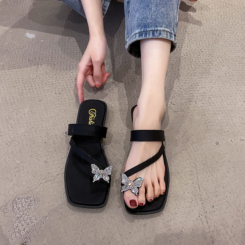 Damen elegante Flip-Flops mit funkelnder Schmetterlingsapplikation EB