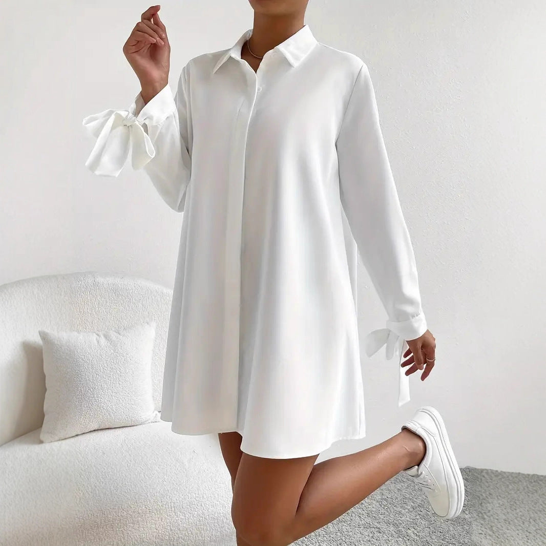 Damen Hemdblusenkleid mit eleganten Bändern an den Ärmeln EB