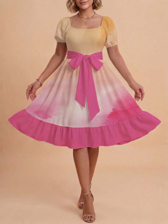 Damen Retro Maxikleid mit Puffärmeln und Taillengürtel EB