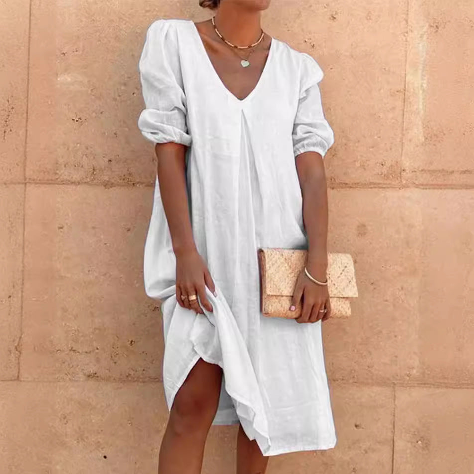Damen lässiges Leinenkleid mit V-Ausschnitt und Puffärmeln EB