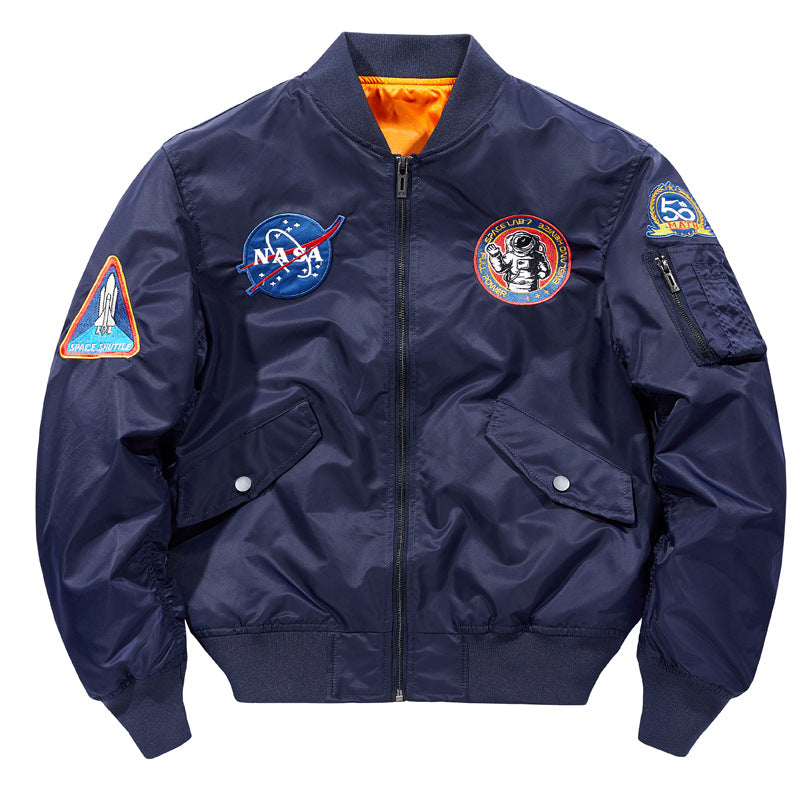 Men's  nylon flight-style bomber with embroidered space patches and contrast orange lining EB