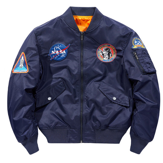 Men's  nylon flight-style bomber with embroidered space patches and contrast orange lining EB