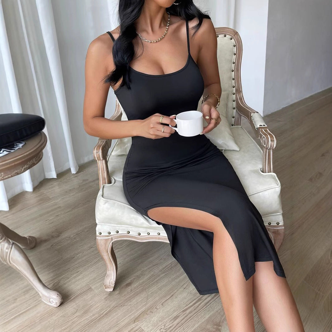 Damen figurbetontes Maxi-Kleid mit schmalen Spaghettiträgern und seitlichem Schlitz EB