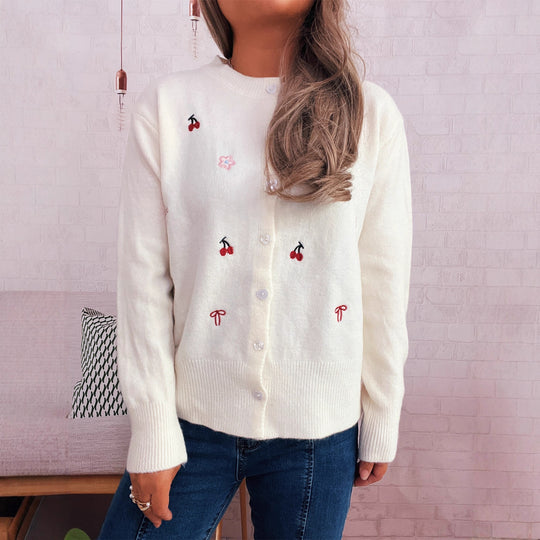 Damen Strickjacke mit liebevollem Blumen- und Kirschdesign EB