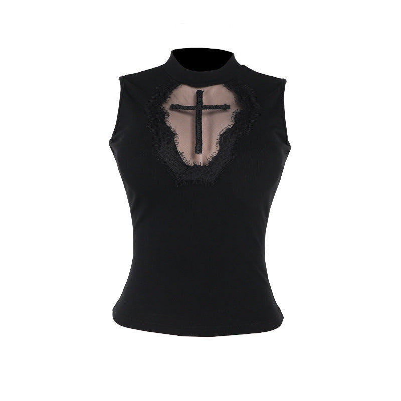 Damen elegantes Oberteil mit transparenten Einsätzen und hohem Kragen EB