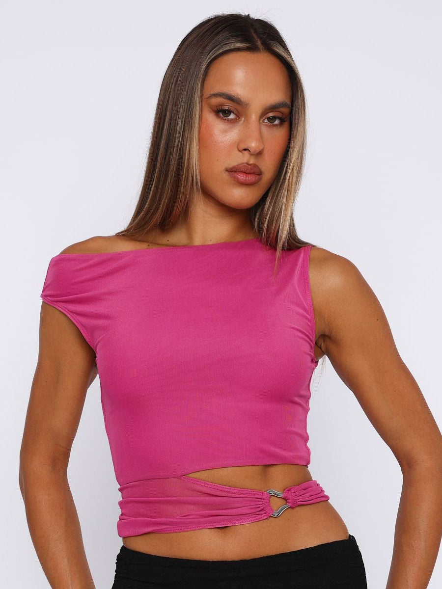 Damen Crop-Top mit asymmetrischem Schnitt und dekorativem Ringdetail EB