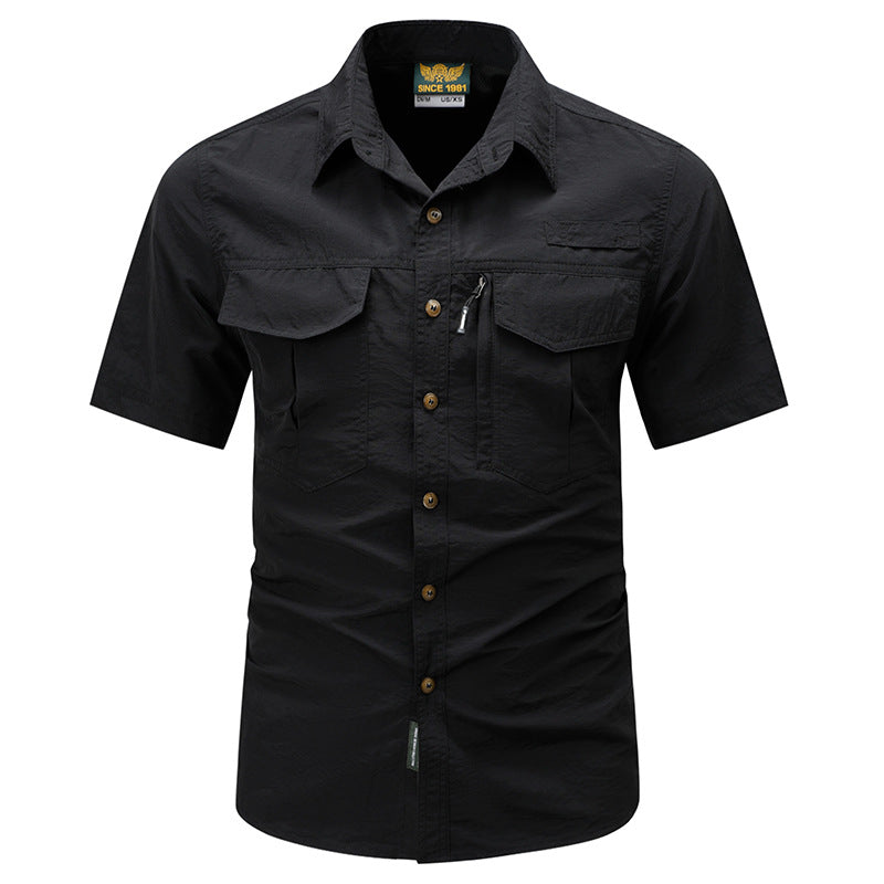Men's  tactical short sleeve button shirt with dual flap chest pockets and discreet zip utility pocket EB