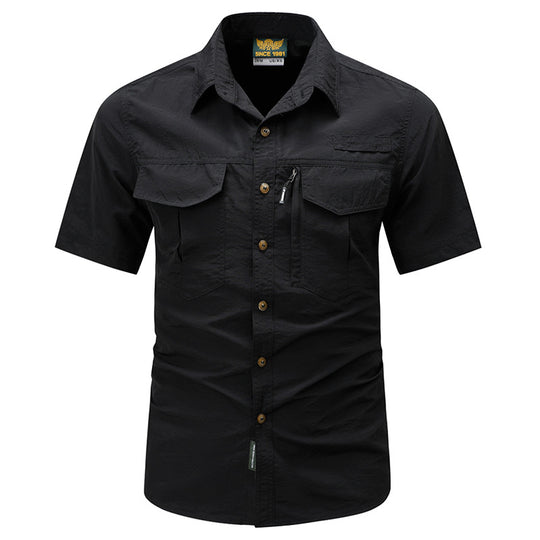 Men's  tactical short sleeve button shirt with dual flap chest pockets and discreet zip utility pocket EB