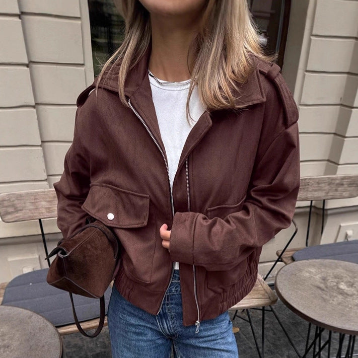 Damen Modische Suede Bomberjacke mit praktischen Taschen und Reißverschluss EB