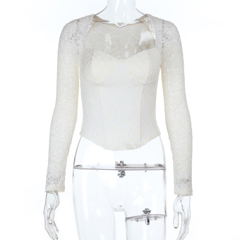 Damen elegante Spitzenbluse mit langem Arm und tailliertem Schnitt EB