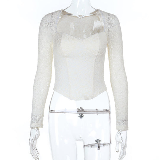 Damen elegante Spitzenbluse mit langem Arm und tailliertem Schnitt EB