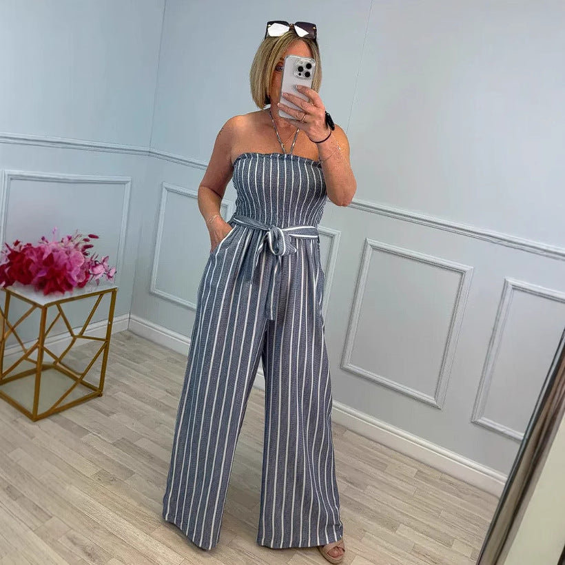 Damen Eleganter Jumpsuit mit gestreiftem Design und Gürtel EB