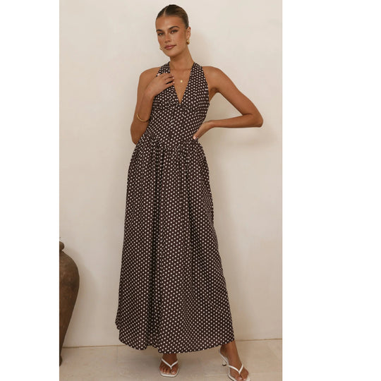 Damen Maxikleid mit tiefem V-Ausschnitt und verspieltem Polka-Dot-Muster EB