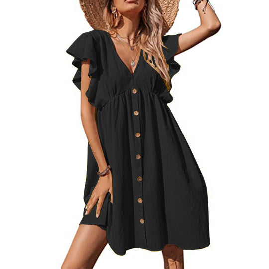 Damen Luftiges Sommerkleid mit verspielten Rüschendetails und Knopfverschluss EB
