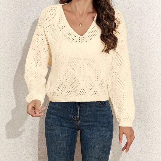 Damen V-Ausschnitt Grobstrickpullover mit filigranem Lochmuster EB