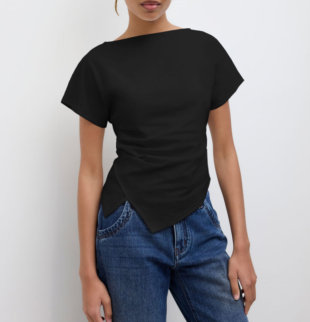 Damen Cropped T-Shirt mit asymmetrischem Schnitt und dekorativem Drapierungseffekt EB