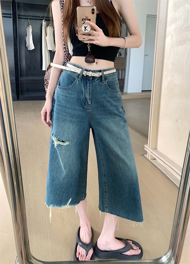 Damen Weite Denim-Hosen mit Rissdetails EB