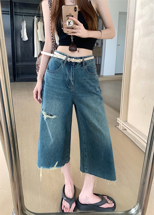 Damen Weite Denim-Hosen mit Rissdetails EB