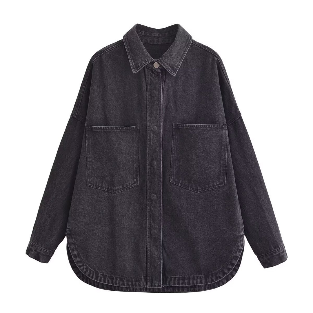 Damen nan oversized Jeanshemd mit aufgesetzten Brusttaschen, leichter Baumwoll-Denim und abgerundetem Saum EB