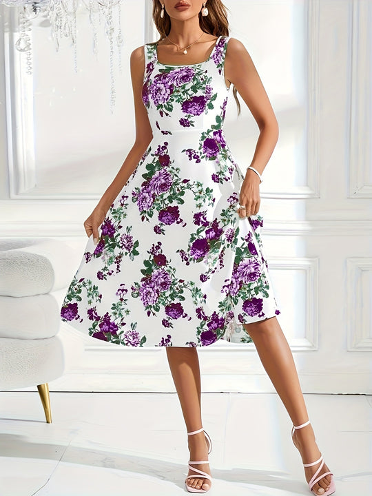 Damen Fließendes Blumenkleid mit weitem Rock und eleganter Taillierung EB